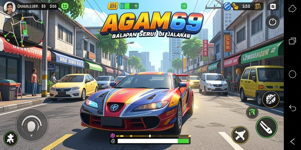 Screenshot AGAM69 menunjukkan aksi balapan yang mendebarkan di jalanan.