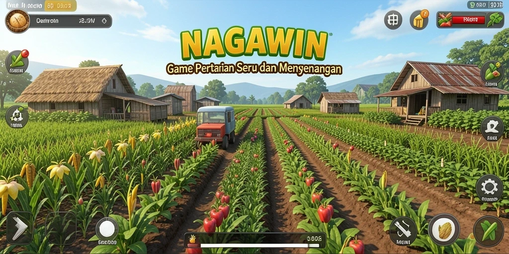 Tampilan gameplay NAGAWIN dengan ladang hijau dan tanaman subur.