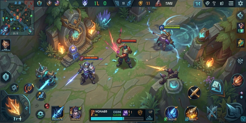Tampilan gameplay NONA88 yang intens dan mendebarkan di arena pertempuran MOBA.